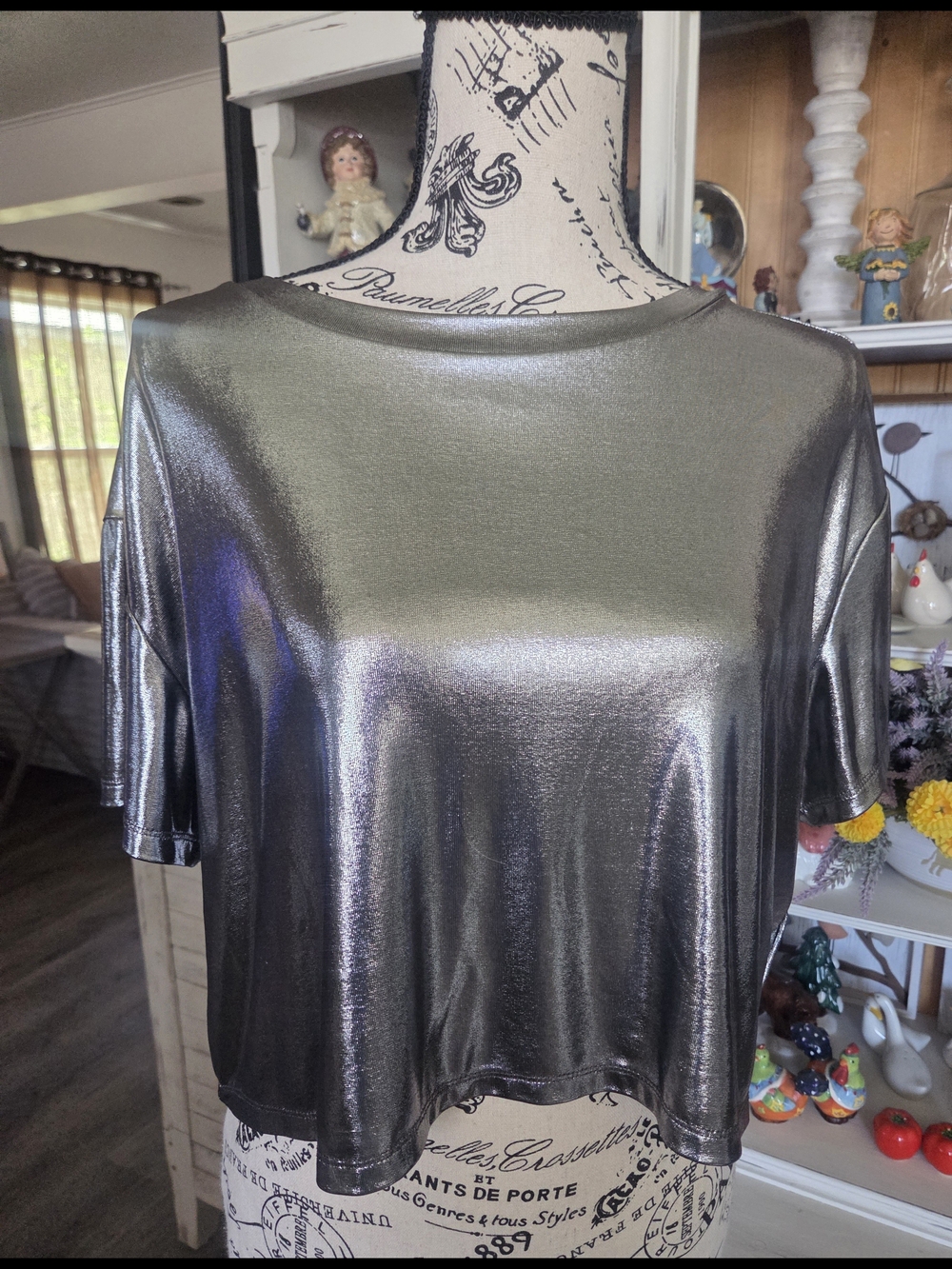 Divided Metallic Silver Cropped Short Sleeve Top